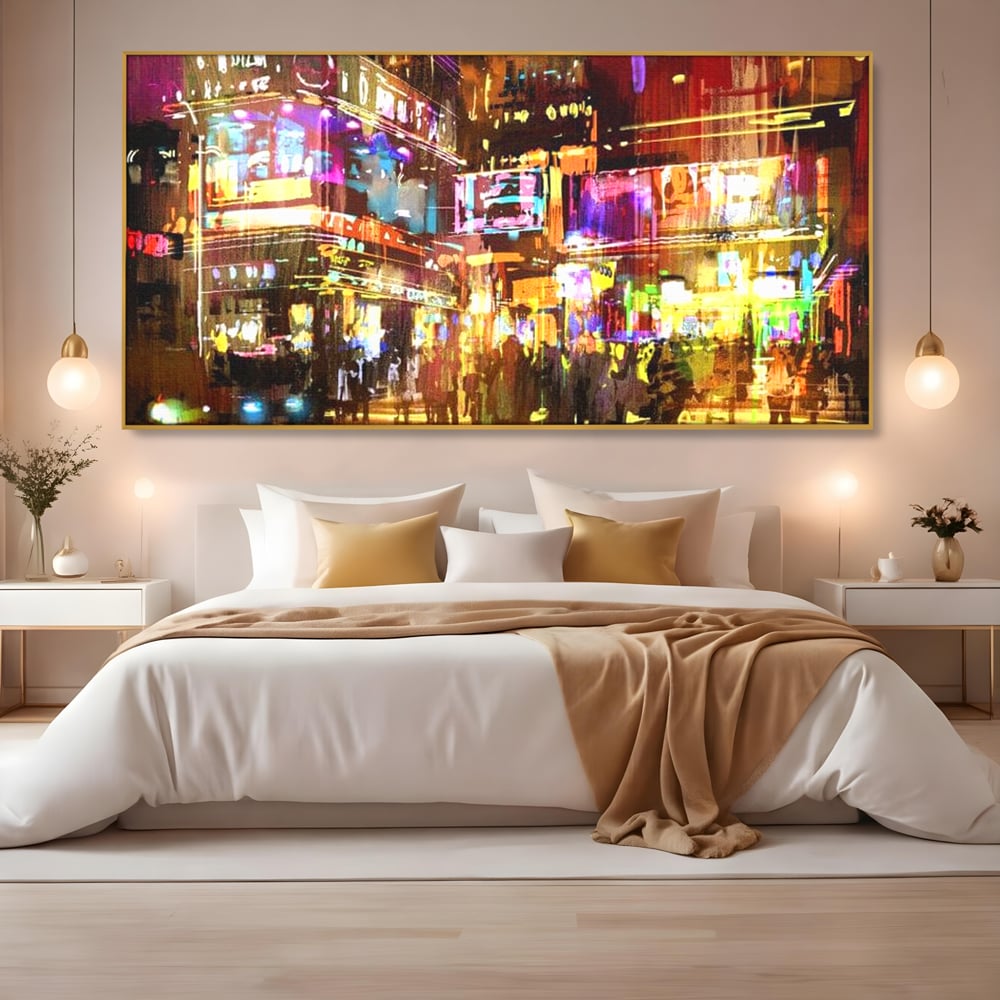 Tablou canvas cu pictura stradala urbana in neon, in rama de aluminiu auriu, pe perete intr-un dormitor